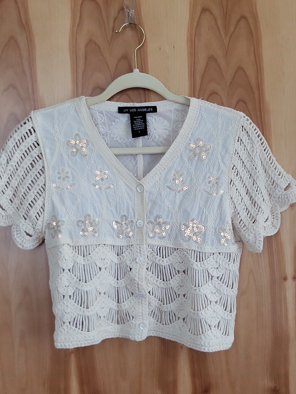 LIV Los Angeles Cream Crochet Sequin Crop Top